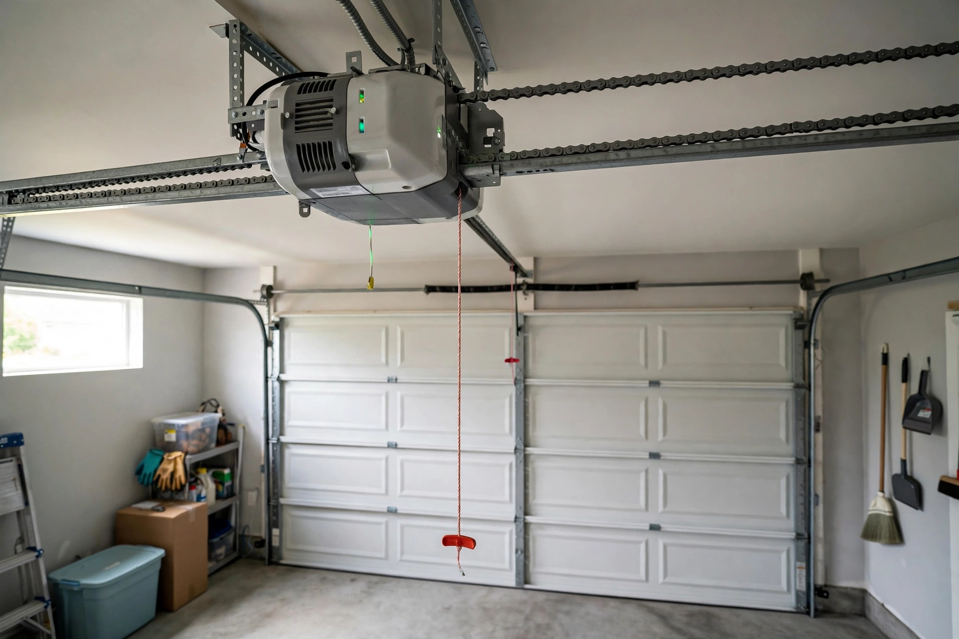Garage door opener motor unit mounted on a garage ceiling with drive rail