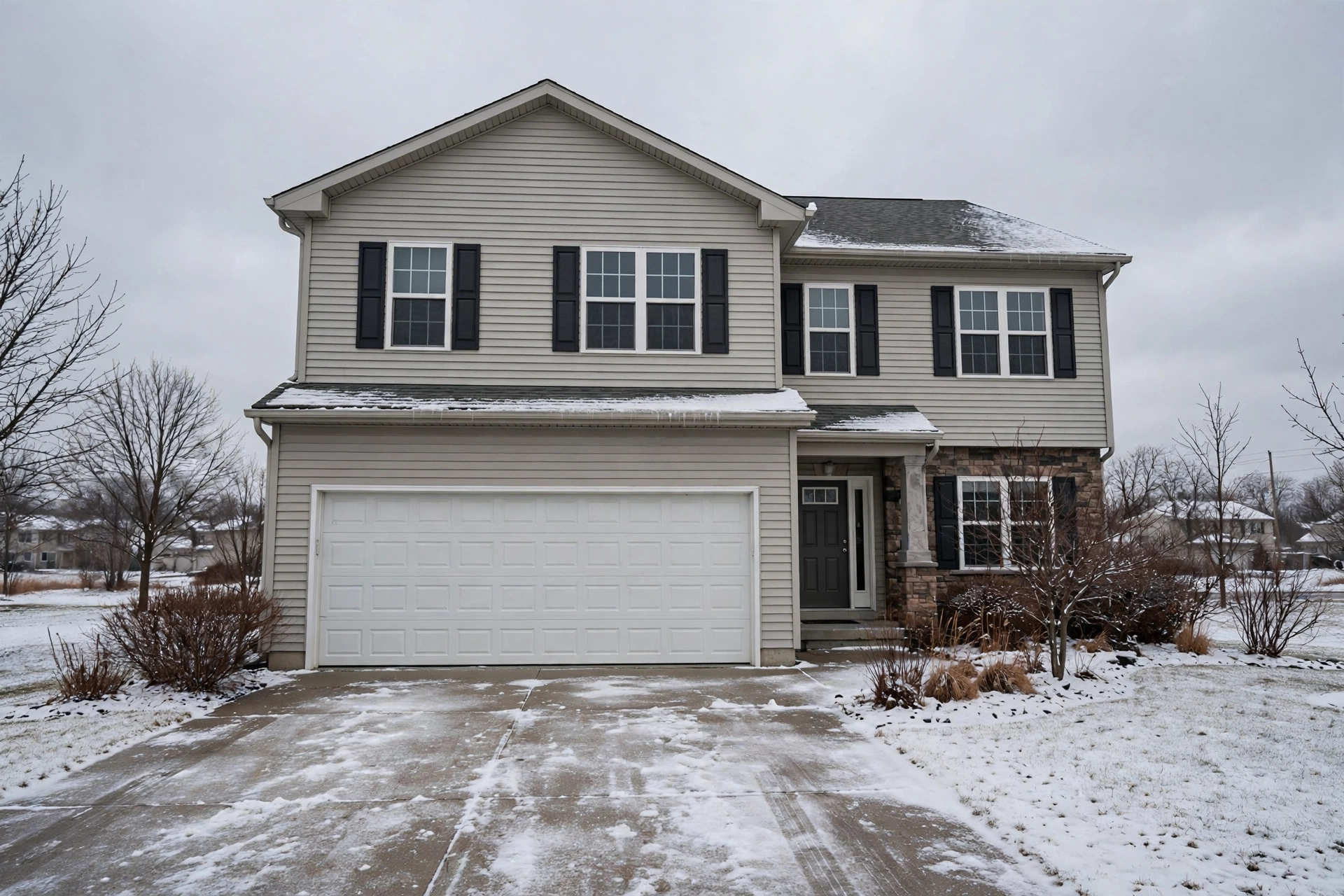 Suburban Bloomington home with double garage door in winter