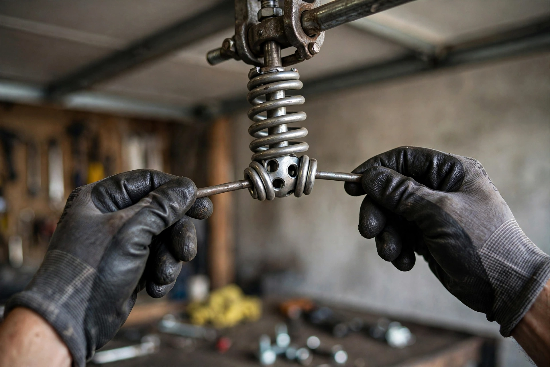 Technician replacing a garage door torsion spring above a residential garage door