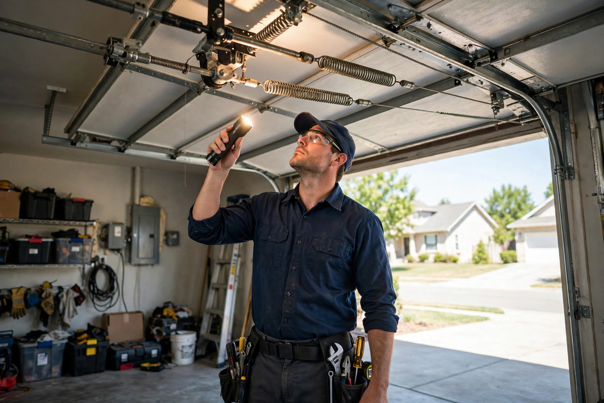 Technician inspecting garage door springs and cables during an assessment