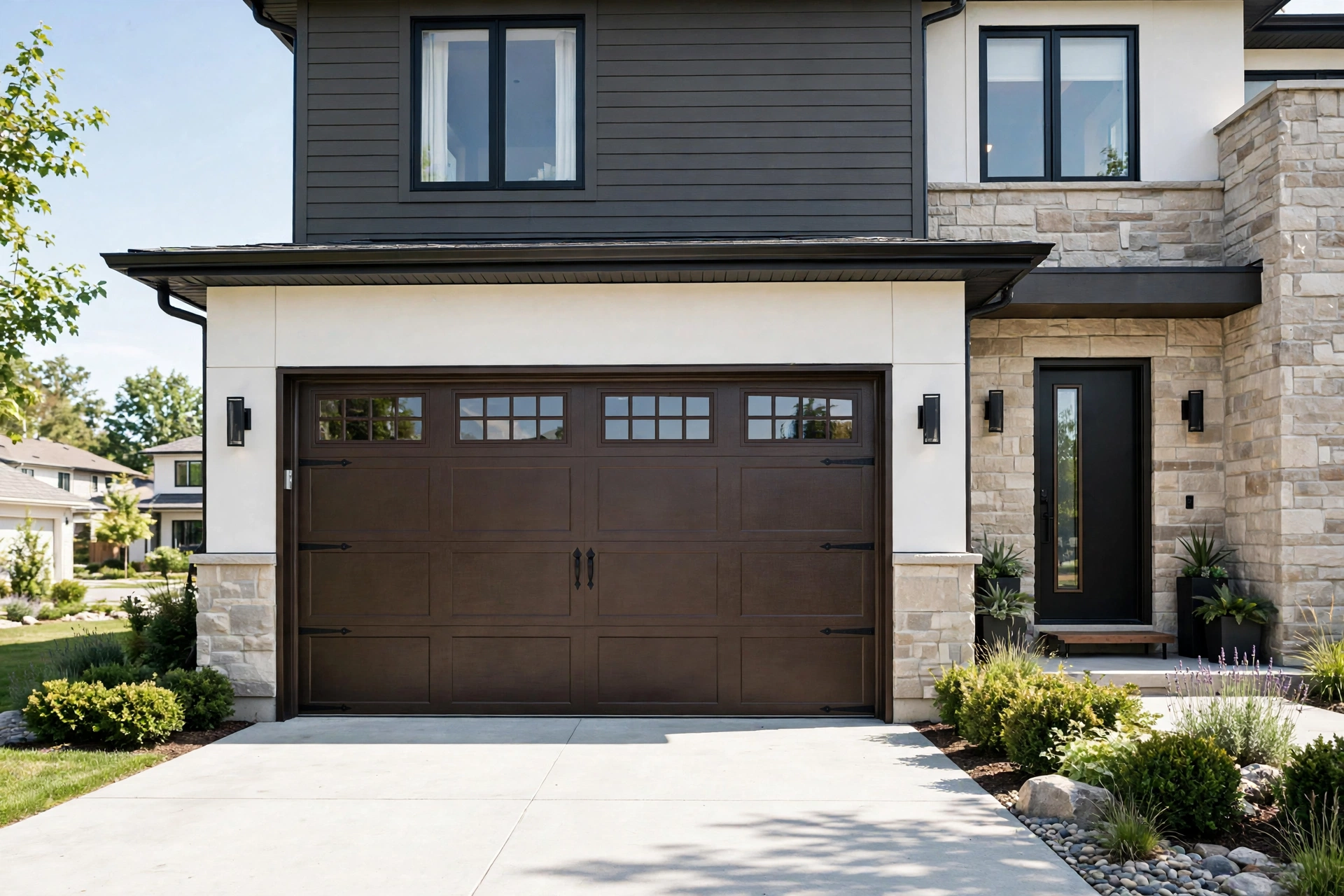New insulated carriage-style garage door on a modern home