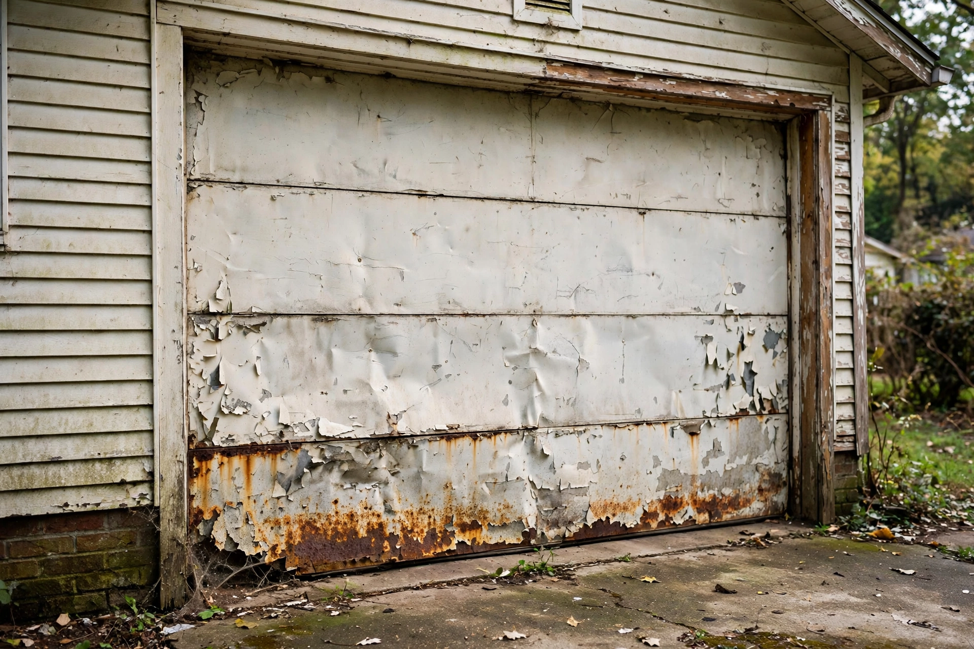 Aging residential garage door with dents and peeling paint