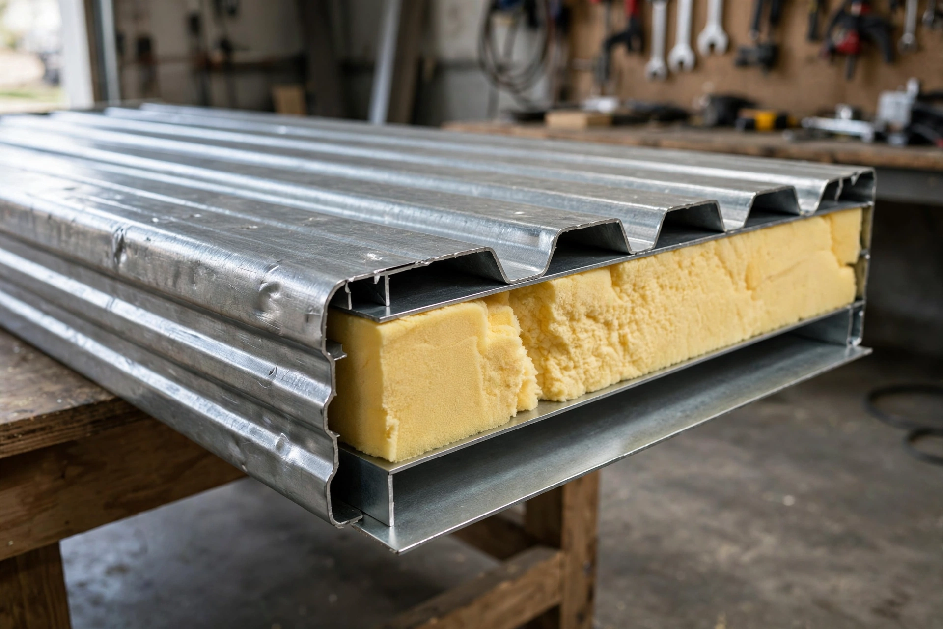Cutaway view showing steel and insulation layers of an insulated garage door panel