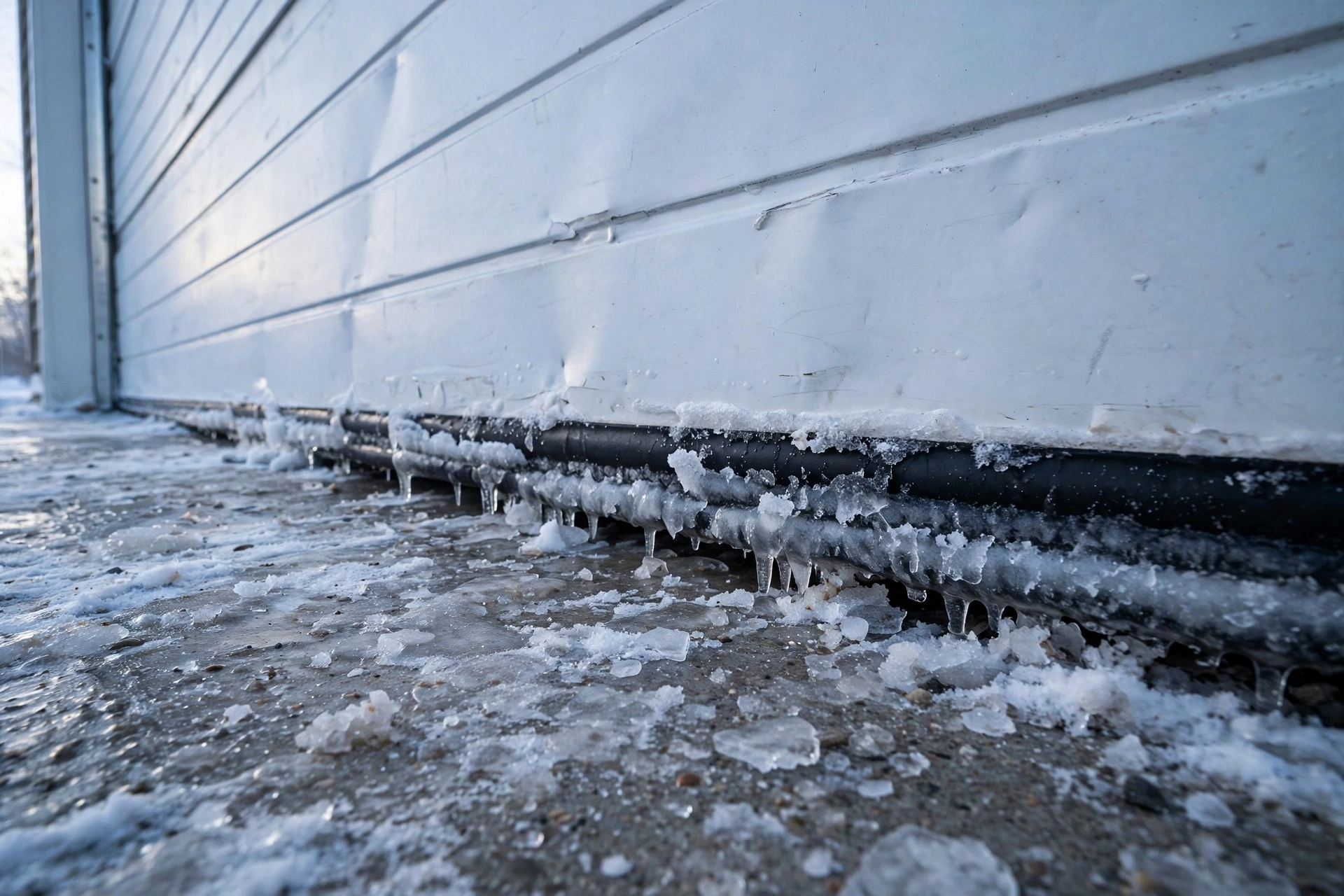 Ice buildup along the bottom weather seal of a garage door on a snowy driveway