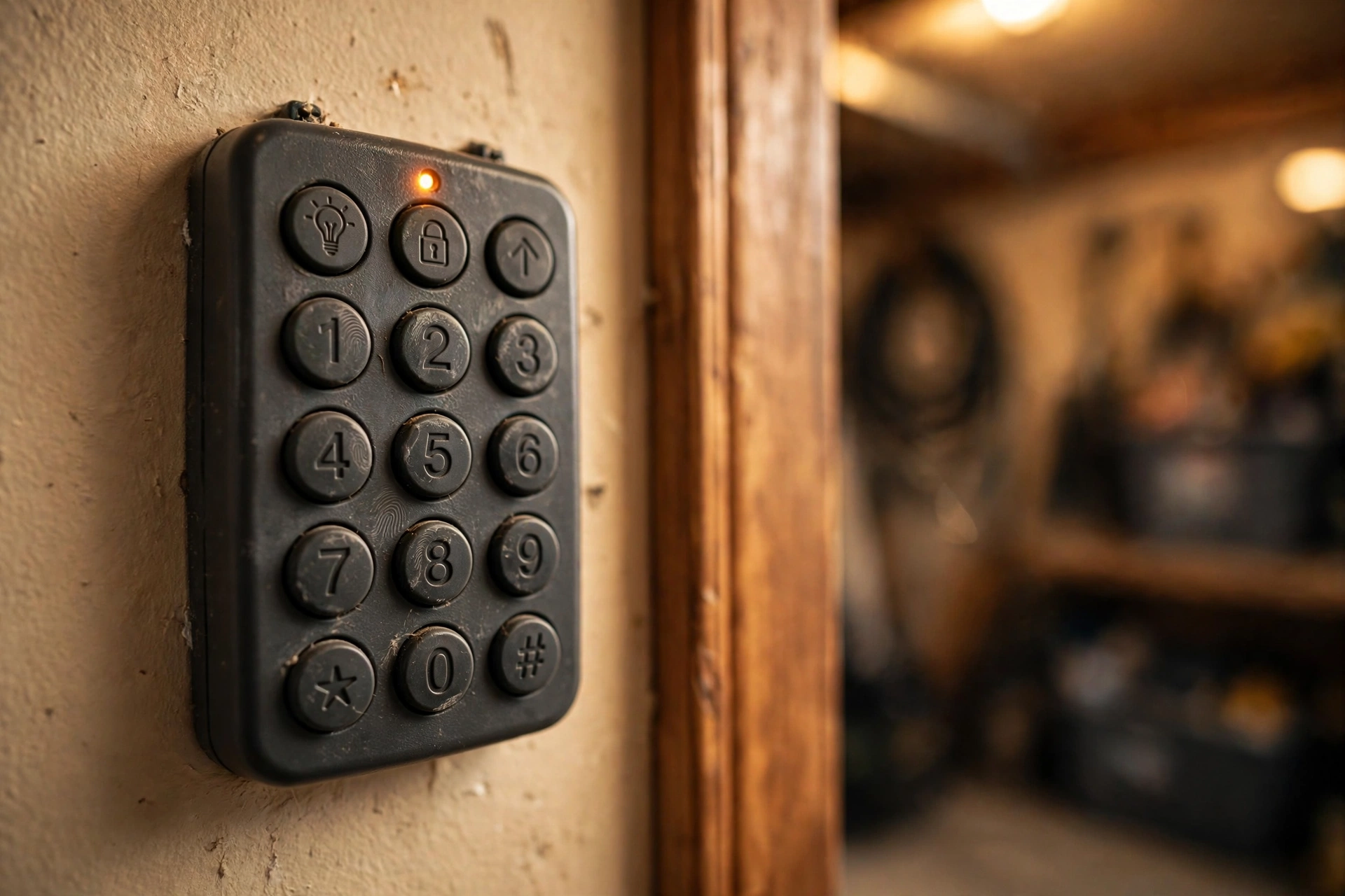 Garage door wall-mounted control keypad inside a garage