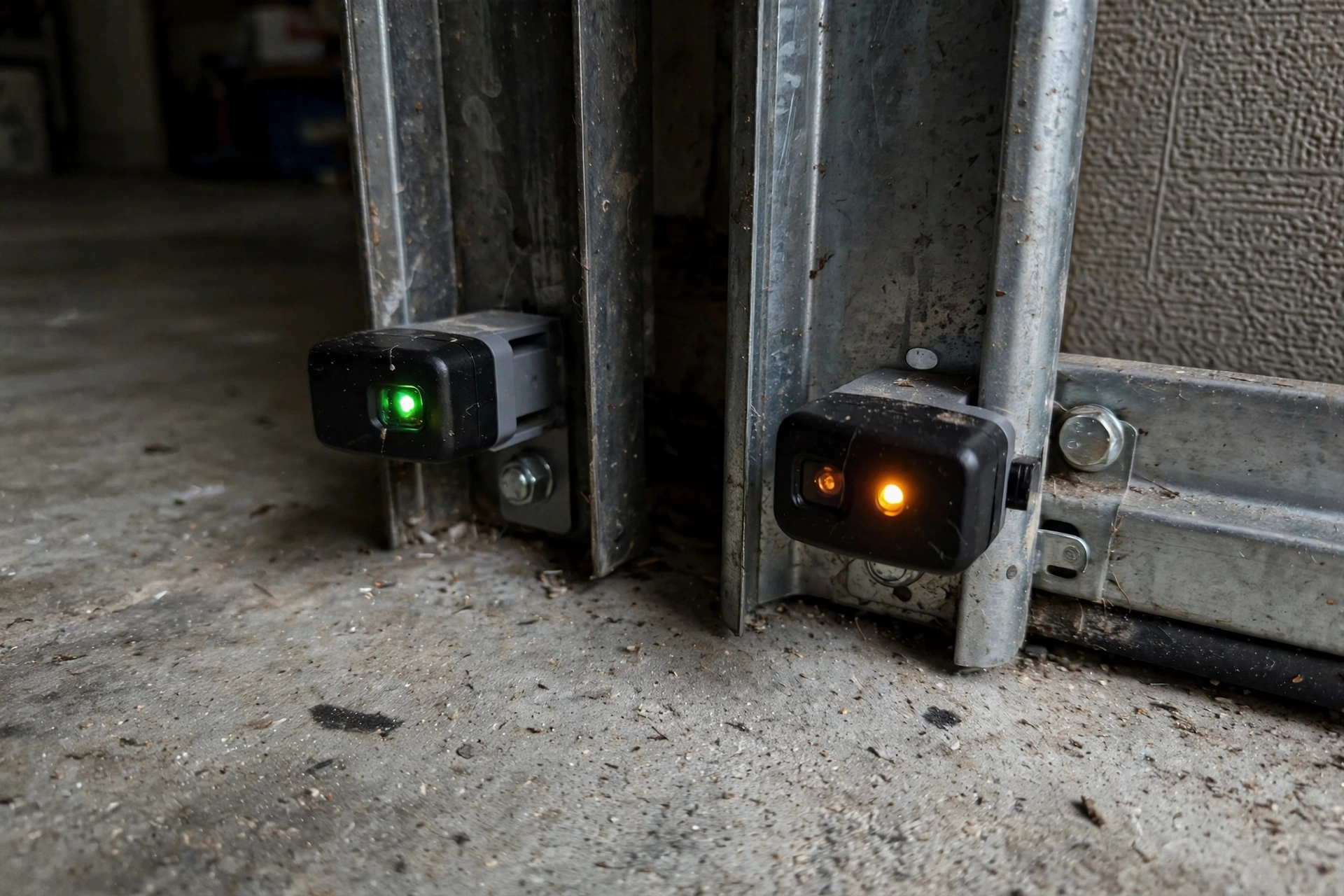 Garage door safety sensors mounted low on the door tracks with indicator lights